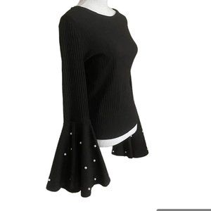 Black Ribbed Bell Sleeves Festive Sweater Top with Faux Pearls